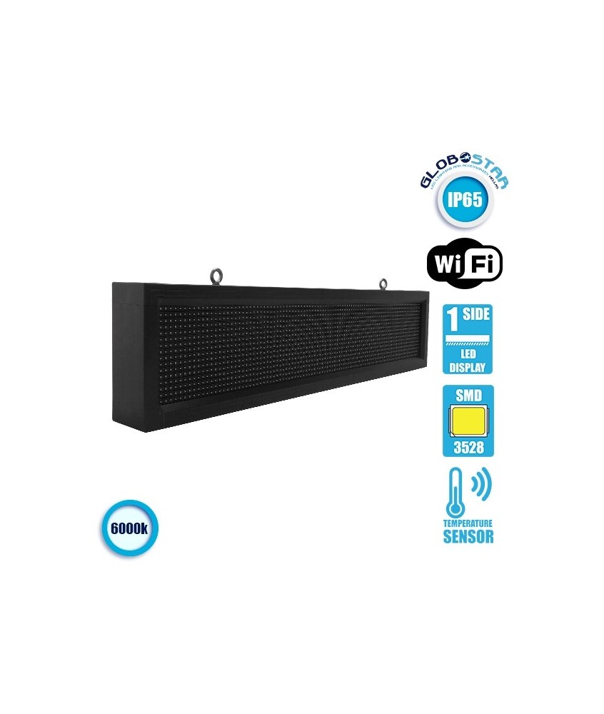 GLOBOSTAR® DISPLAY 90250 Κυλιόμενη Ψηφιακή Επιγραφή P10 Μονής Όψης LED AC 220-240V Αδιάβροχο IP65 Ψυχρό Λευκό 6000K - WiFi Control μέσω FK APP - Αισθητήρας Θερμοκρασίας & Υγρασίας - Μ104 x Π9 x Υ24cm - 2 Χρόνια Εγγύηση